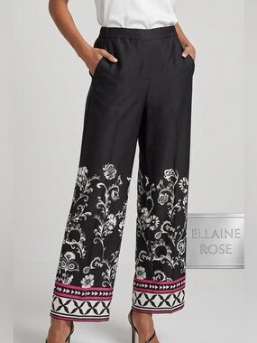 Ellaine Rose Black and Pink Floral-Print Wide-Leg Pants